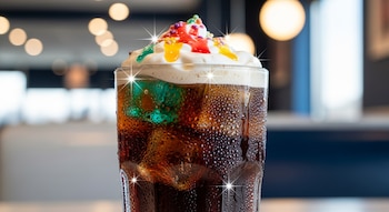 Un vaso grande de refresco oscuro con hielo y gotas de condensación, coronado con crema batida, jarabes de colores y confeti, con un fondo de cafetería desenfocado.