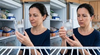 Dos fotografías comparativas de una mujer con un vaso helado; en la izquierda la moneda está sobre el hielo y en la derecha en el fondo.