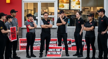 Un grupo de ocho empleados de comida rápida, algunos con uniforme, de pie frente a un edificio rojo, rodeados de carteles sindicales rojos y blancos.