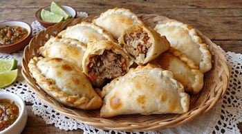 Cesta de mimbre con empanadas de pernil doradas sobre madera. Una empanada abierta muestra el relleno de carne de cerdo, acompañada de salsa y limas.