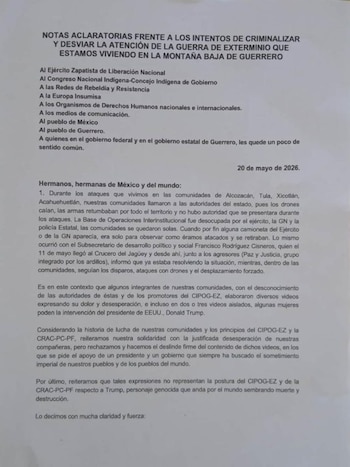 CNI se deslinda de Tlacos y de las declaraciones de pobladores que piden intervención de Trump en Guerrero