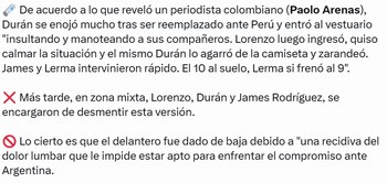 Esta es la versión por la cual, principalmente, Durán no haría parte de la Selección Colombia - crédito @vbarcaracol/X