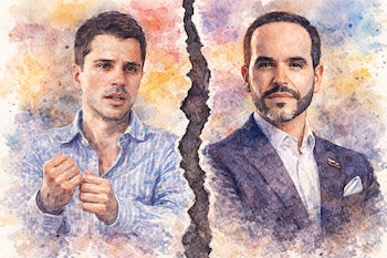 Ilustración en acuarela de dos hombres, uno a la izquierda con camisa a rayas, otro a la derecha con traje, separados por una fractura central.