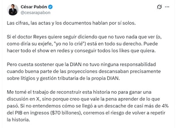 César Pabón, director de Investigaciones Económicas de Corficolombiana, dijo que cuesta creer que la Dian no tenga responsabilidad en las metas de recaudo - crédito @CesarPabon/X