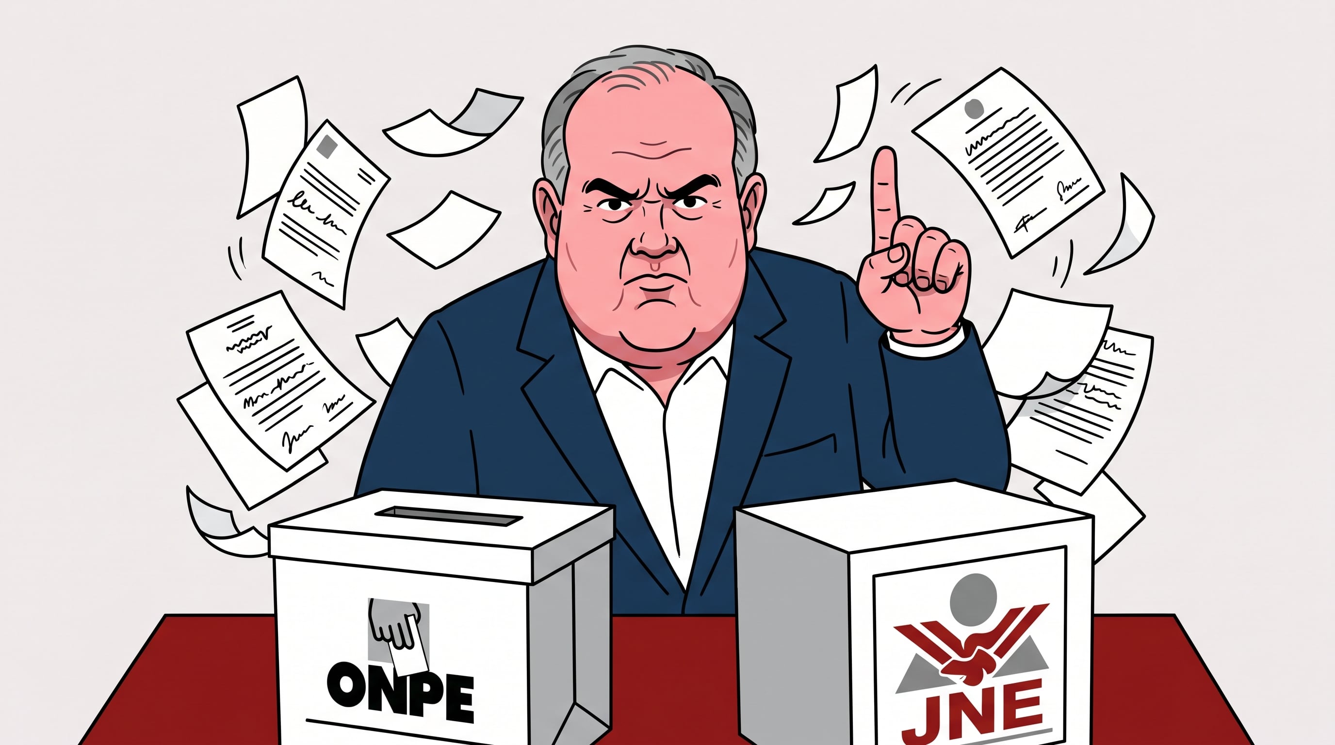 Caricatura de Rafael López Aliaga, líder de Renovación Popular, con expresión severa y dedo índice levantado frente a urnas de ONPE y JNE, mientras papeles vuelan en un ambiente de tensión política. (Imagen Ilustrativa Infobae)