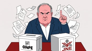 Caricatura de Rafael López Aliaga, hombre robusto con traje azul oscuro y camisa blanca, dedo índice levantado, frente a urnas de ONPE y JNE. Papeles vuelan al fondo.