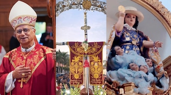 Un triptico muestra al papa León XIV de sotana roja, una cruz en andas con estandartes bordados, y una estatua religiosa de un niño con cherubines y sombrero