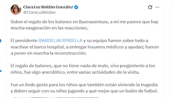 La exgobernadora del Valle del Cauca Clara Luz Roldán González aseguró que hubo reacciones exageradas contra Abelardo de la Espriella por llevar balones a Buenaventura, en medio de la tragedia derivada del terremoto - crédito @ClaraLuzRoldan/X