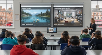 Una instructora observa a estudiantes sentados en pupitres con gafas de realidad virtual en un aula, con pantallas que muestran entornos virtuales.