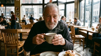 Un hombre mayor con barba gris sostiene una taza de café humeante con ambas manos en una cafetería. Delante hay un pastel. Clientes en el fondo.
