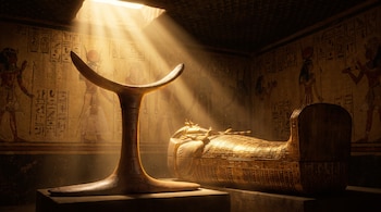 Cámara funeraria antigua con sarcófago dorado, reposacabezas de madera tallada y paredes decoradas con jeroglíficos y figuras, con un haz de luz desde arriba.