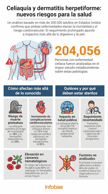Infografía ilustra un cuerpo humano con órganos afectados por celiaquía y dermatitis herpetiforme, mostrando intestino, hígado, corazón y estadísticas.