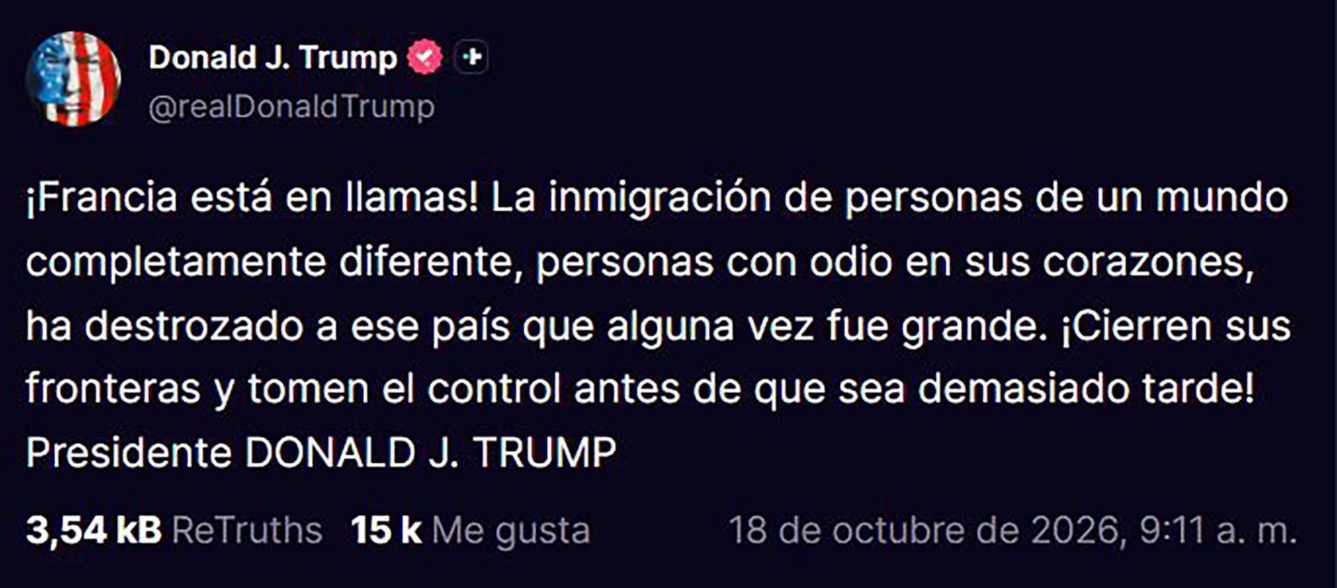 La publicación de Trump en Truth Social