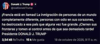 Captura de pantalla de una publicación en español de la cuenta de Donald Trump sobre Francia, con métricas de interacciones y fecha