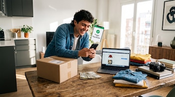 Hombre sonriendo con teléfono que muestra 'Pago Recibido', laptop con sitio de ventas, caja, billetes, ropa doblada, cámara y libros sobre una mesa de madera.