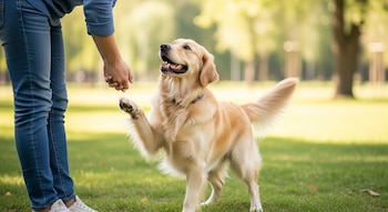 Una persona y un perro golden retriever en un parque. La persona extiende la mano y el perro levanta una pata, en un campo de césped con árboles al fondo.