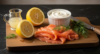 Un plato de salmón ahumado con queso crema, limones cortados, jugo de limón y eneldo fresco sobre una tabla de madera, listo para servir.