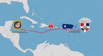 Mapa náutico del Caribe con una línea roja entre República Dominicana y Puerto Rico. Contiene logos de Patrulla Fronteriza de EE.UU. y Migración RD, y un símbolo de alerta.