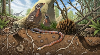 Ilustración de aves primitivas junto a una serpiente, un mamífero pequeño, restos fósiles en la tierra y dinosaurios lejanos.