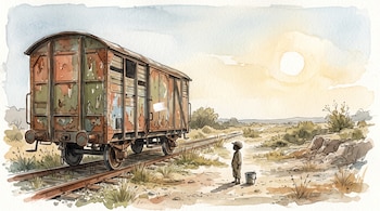 Ilustración en acuarela de un vagón de tren de metal con óxido en rieles, un sol radiante y un niño de pie junto a un balde.
