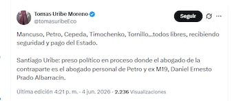 Tomás Uribe Moreno rechazó la confirmación de la condena contra Santiago Uribe - crédito @tomasuribeEco/X