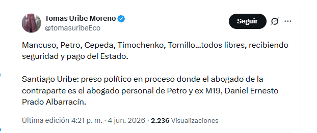 Tomás Uribe Moreno rechazó la confirmación de la condena contra Santiago Uribe - crédito @tomasuribeEco/X