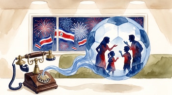 Un teléfono antiguo descolgado, una cinta de humo azul, siluetas de hombre, mujer y dos niños, un balón de fútbol, una ventana, fuegos artificiales, banderas de Costa Rica.