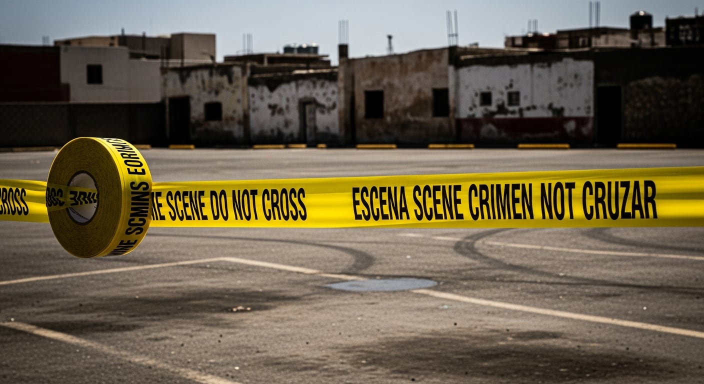 La cinta amarilla de 'Escena del Crimen Not Cruzar' delimita un estacionamiento desolado en Tijuana, Baja California, con edificios deteriorados al fondo. (Imagen Ilustrativa Infobae)