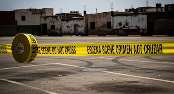 Una cinta amarilla con la leyenda 'Escena del Crimen Not Cruzar' atraviesa un estacionamiento de asfalto con un rollo de cinta y edificios de fondo.