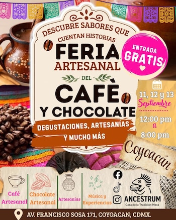 Diseño gráfico con papel picado, taza de barro, granos de café, barra de chocolate, dulces artesanales, textil colorido y texto promocional de evento