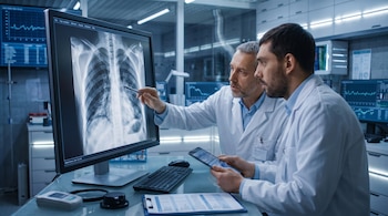 Dos hombres con batas blancas observan un monitor con una radiografía de tórax. Uno señala la pantalla con un bolígrafo, el otro sostiene una tableta.