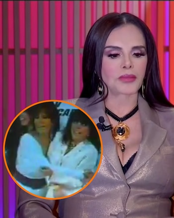 Una mujer con cabello oscuro, chaqueta y collar en primer plano, con un círculo insertado que muestra a dos mujeres con ropa clara en una imagen borrosa
