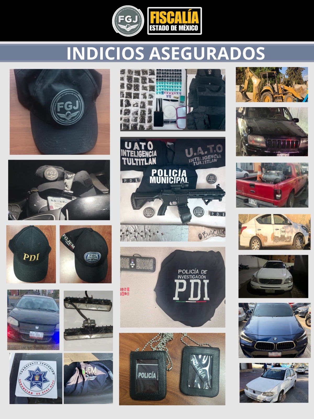 La Fiscalía del Estado de México presenta una colección de indicios asegurados en diversos operativos contra el crimen organizado, incluyendo armas, drogas y múltiples vehículos (FGJEM)