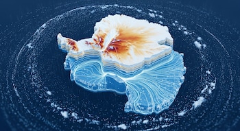 Visualización 3D del continente Antártico con capas de hielo translúcidas azules y rojas, y líneas de luz blancas que lo atraviesan, sobre un fondo azul oscuro con partículas.