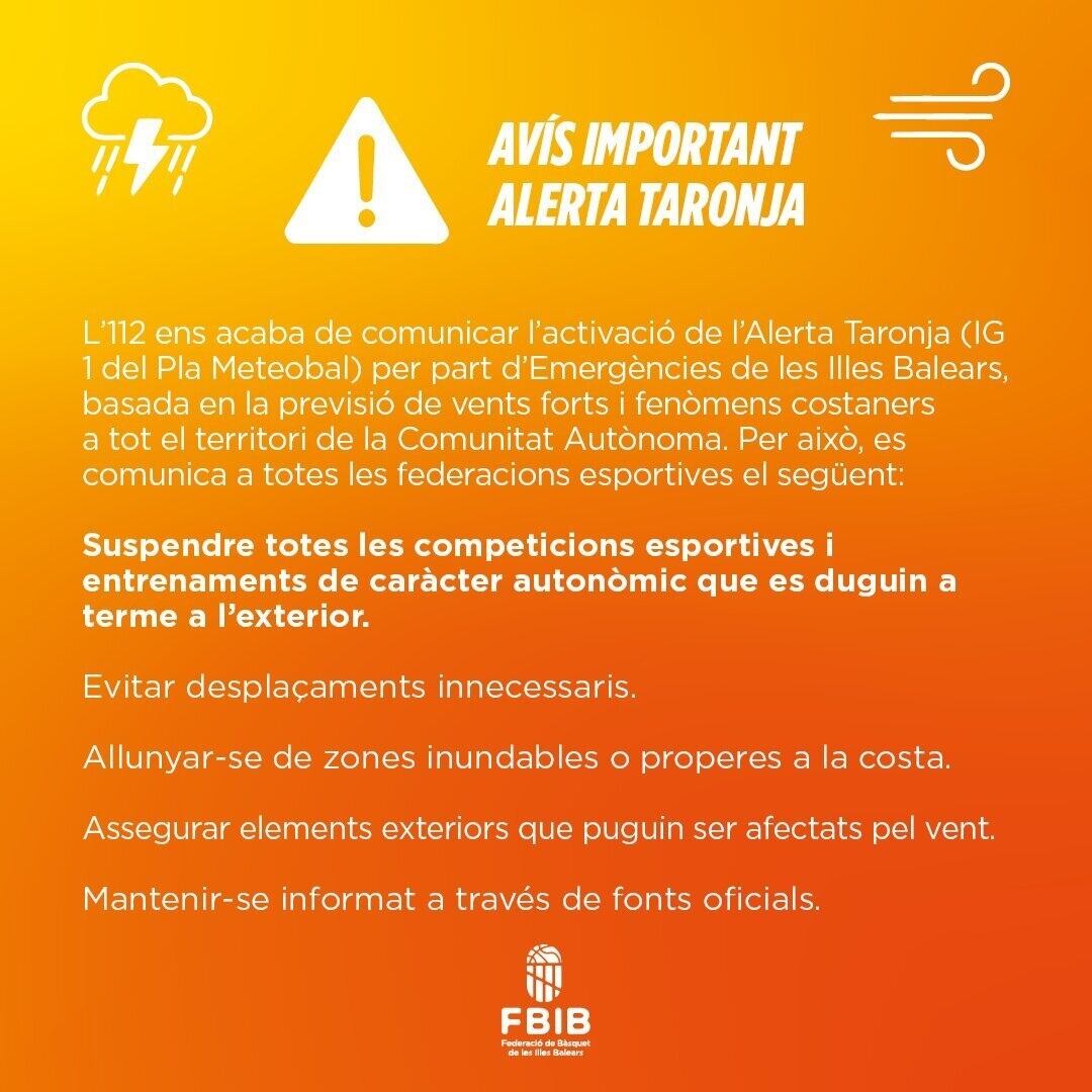 Emergencias 112 suspende todas las competiciones y entrenamientos deportivos en el exterior por la alerta naranja (FFIB)