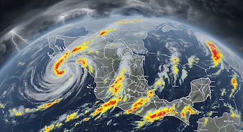 Imagen satelital de la Tierra centrada en México, mostrando patrones de nubes, áreas de lluvia intensa en rojo y amarillo, y un huracán en el Pacífico.