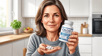 Mujer sonriente con cabello castaño sostiene un frasco blanco de Calcio + Vitamina D en una mano y varias pastillas blancas en la otra, en una cocina clara