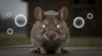 Un ratón silvestre con ojos brillantes aparece en el centro, rodeado de partículas de virus translúcidas que representan el hantavirus.