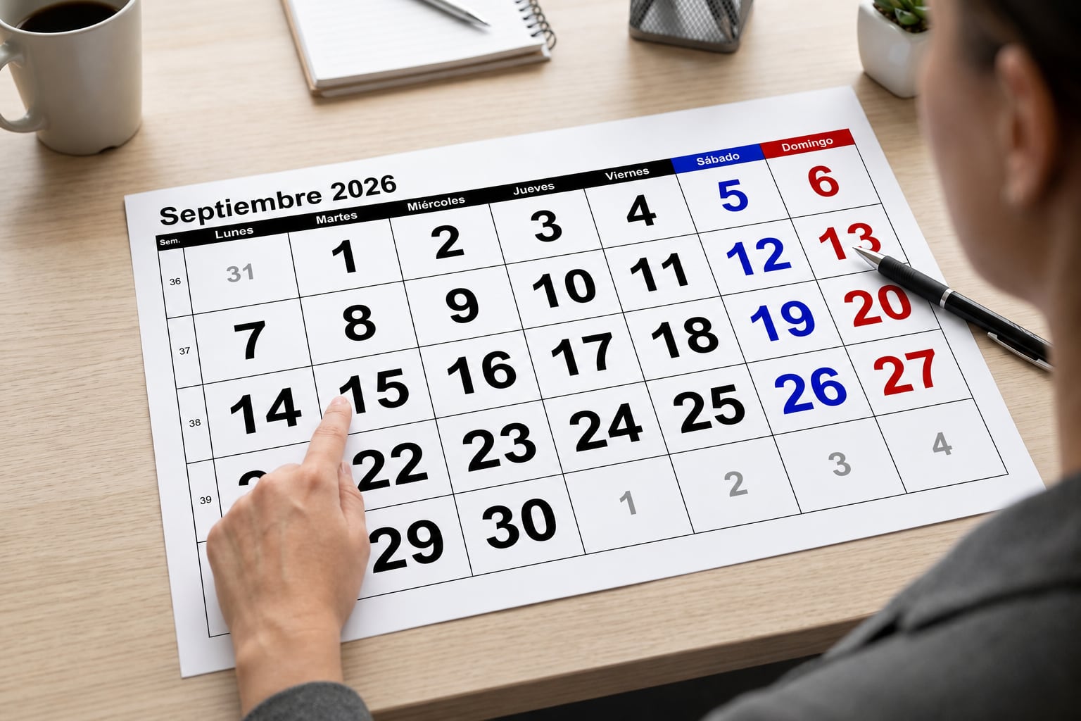 Una persona señala el día 15 de septiembre de 2026 en un calendario impreso sobre un escritorio de trabajo. (Imagen Ilustrativa Infobae)
