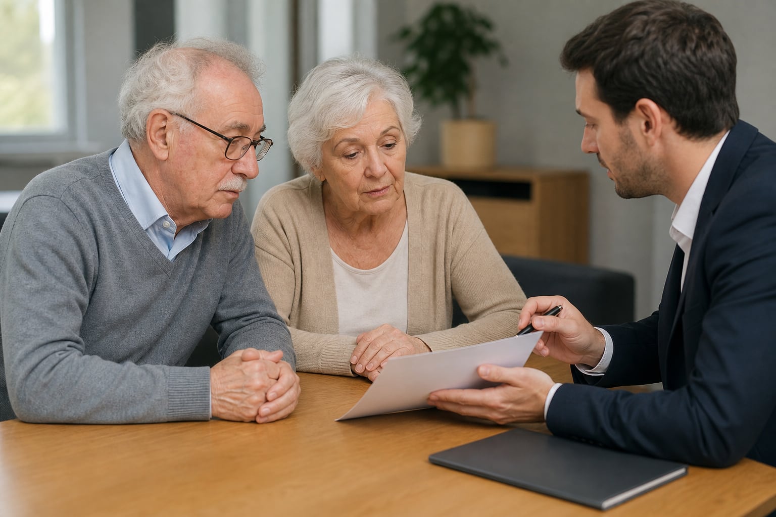 El empleado de un banco explica a una pareja de jubilados las cláusulas de un contrato de hipoteca inversa. (Imagen Ilustrativa Infobae)