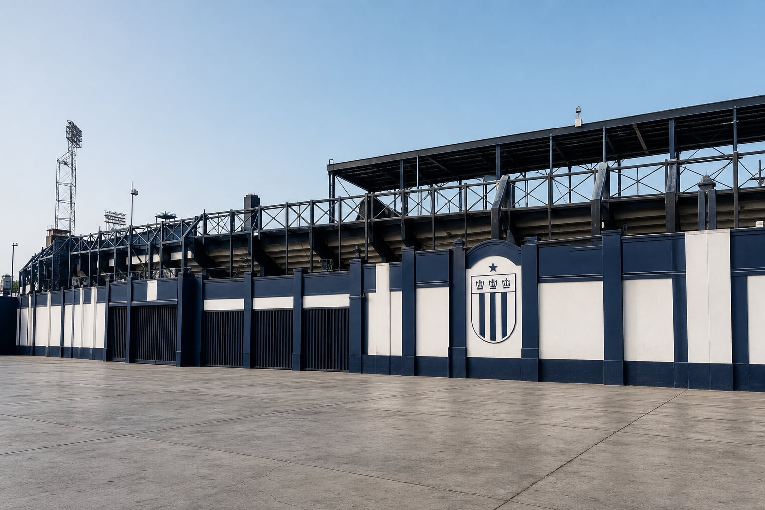 La explanada del estadio Alejandro Villanueva, en el distrito limeño de La Victoria, permanece vacía frente a la fachada decorada con el escudo del club Alianza Lima. (Imagen Ilustrativa Infobae)
