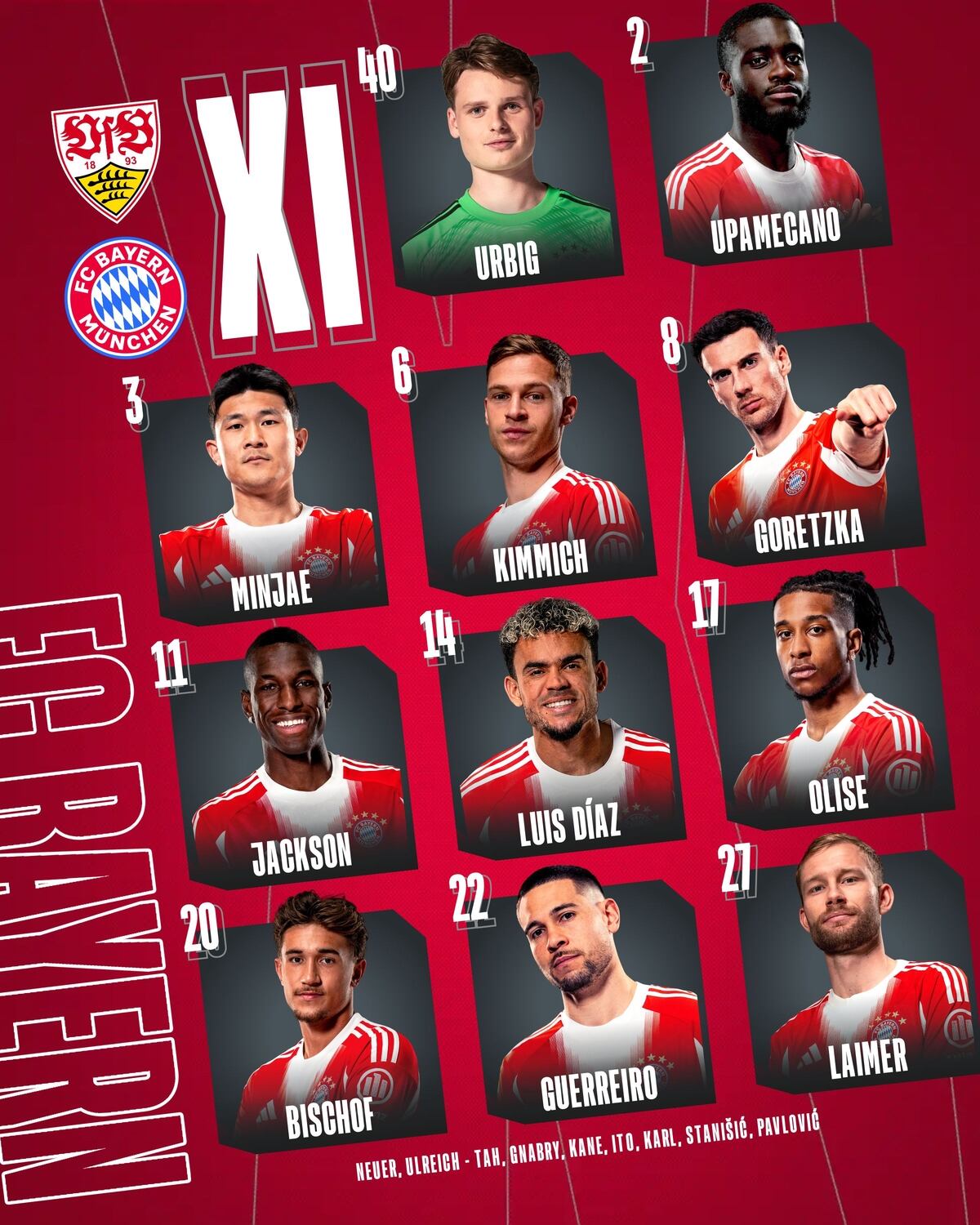 Estos son los titulares que tendrán los GIgantes de Baviera en el MHP Arena-crédito @FCBayern/X