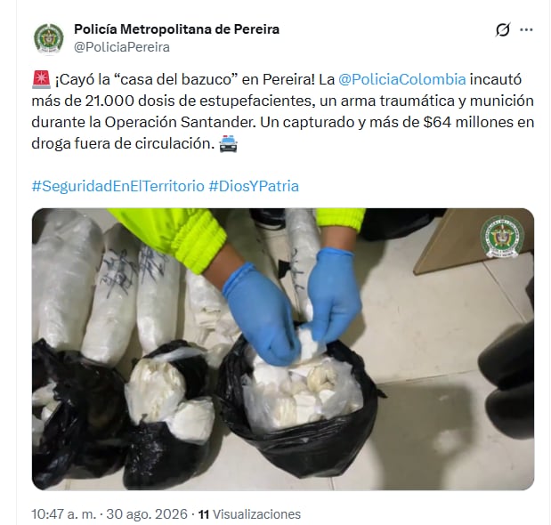 En el procedimiento fueron incautadas 20.000 dosis de bazuco, 1.326 dosis de perico, una pistola traumática y cartuchos de distinto calibre - crédito @PoliciaPereira/X