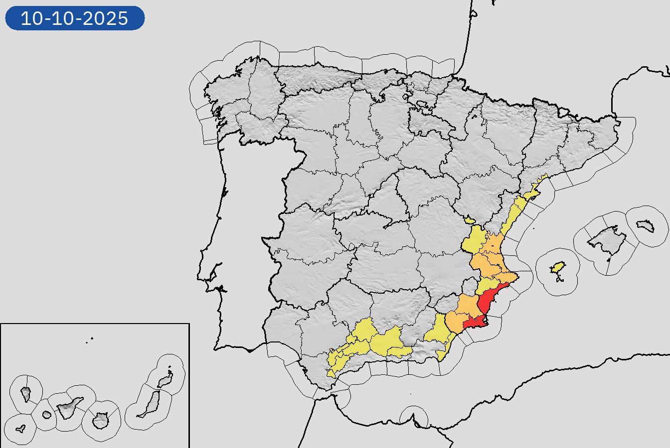 Mapa de los avisos por lluvias y tormentas este viernes 10 de octubre. (Aemet)
