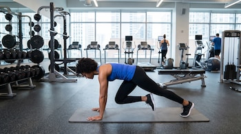 Vista lateral de una mujer de tez oscura haciendo un ejercicio de mountain climber en una colchoneta de yoga gris en un gimnasio con ventanales grandes.