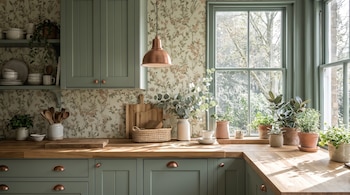 Una cocina con gabinetes verdes, encimeras de madera, papel tapiz floral, lámpara colgante de cobre, estantes, platos, utensilios, cestas y plantas en macetas junto a una ventana.