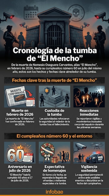 Mausoleo, militares con armas, cámaras de vigilancia, calendario, reloj, periódico con ataúd, cerca, personas con velas, número 60, ofrenda, coche de policía, dron.