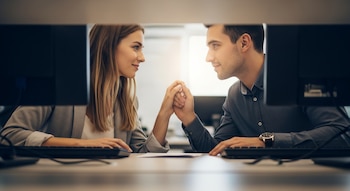 Un hombre y una mujer sentados frente a sus computadoras en una oficina se toman de las manos mirándose a los ojos. Hay teclados en el escritorio.