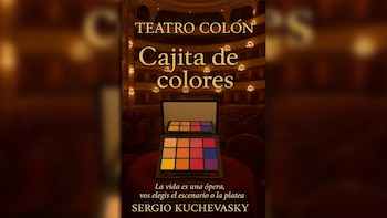 Portada de libro con el título 'Teatro Colón Cajita de colores'. Incluye una paleta de maquillaje sobre una mesa roja con el auditorio del teatro de fondo