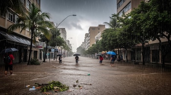 Calle urbana inundada con varias personas caminando en el agua, algunas con paraguas, edificios a los lados, árboles y un rayo en el cielo oscuro.